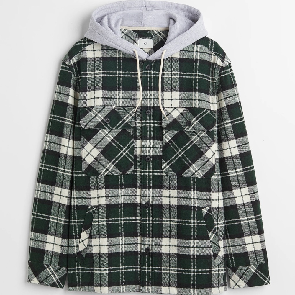 H&M Dark Green and White Plaid Flannel Jacket with Grey Hoodie- Men’s Size M - Picture 1 of 4